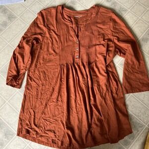 Coldwater Creek size Large Orange Pleated front Long Sleeve Button Neck Tee